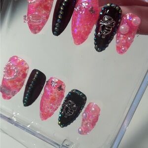 Pink and Black Nail Art Set with Rhinestones